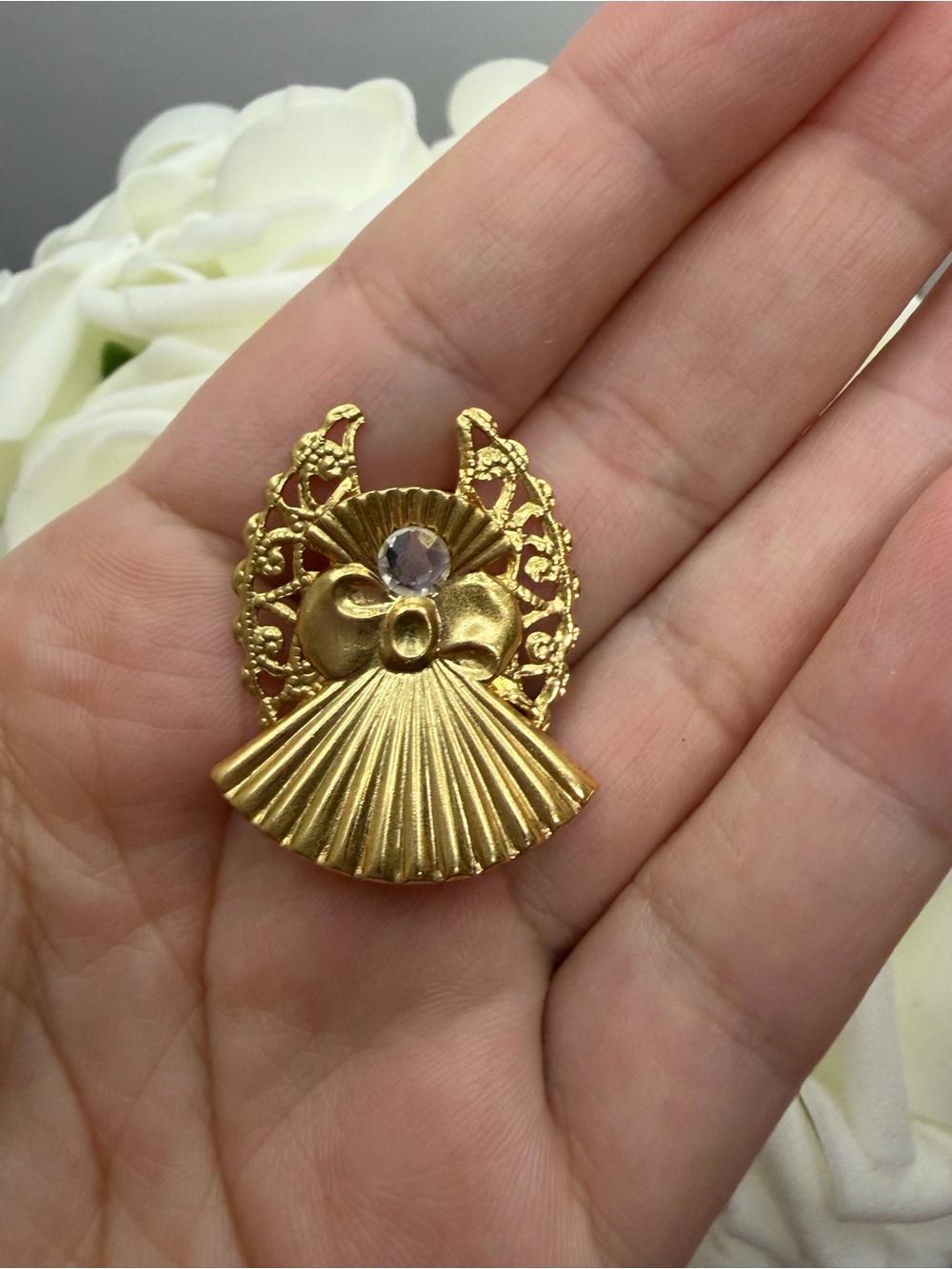 Vintage Gold Angel Brooch with Crystal Accent - Women Jewelry